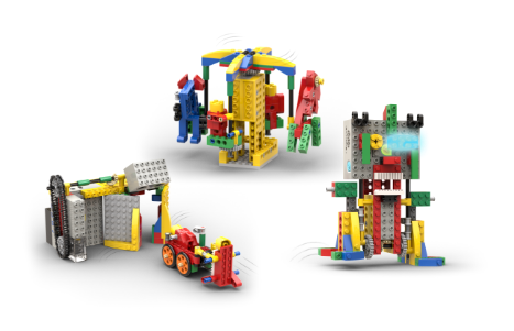 Child working on robot with mechanical parts